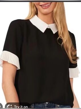 CeCe Black Blouse with White Pointed Collar and Pleated Cuffs